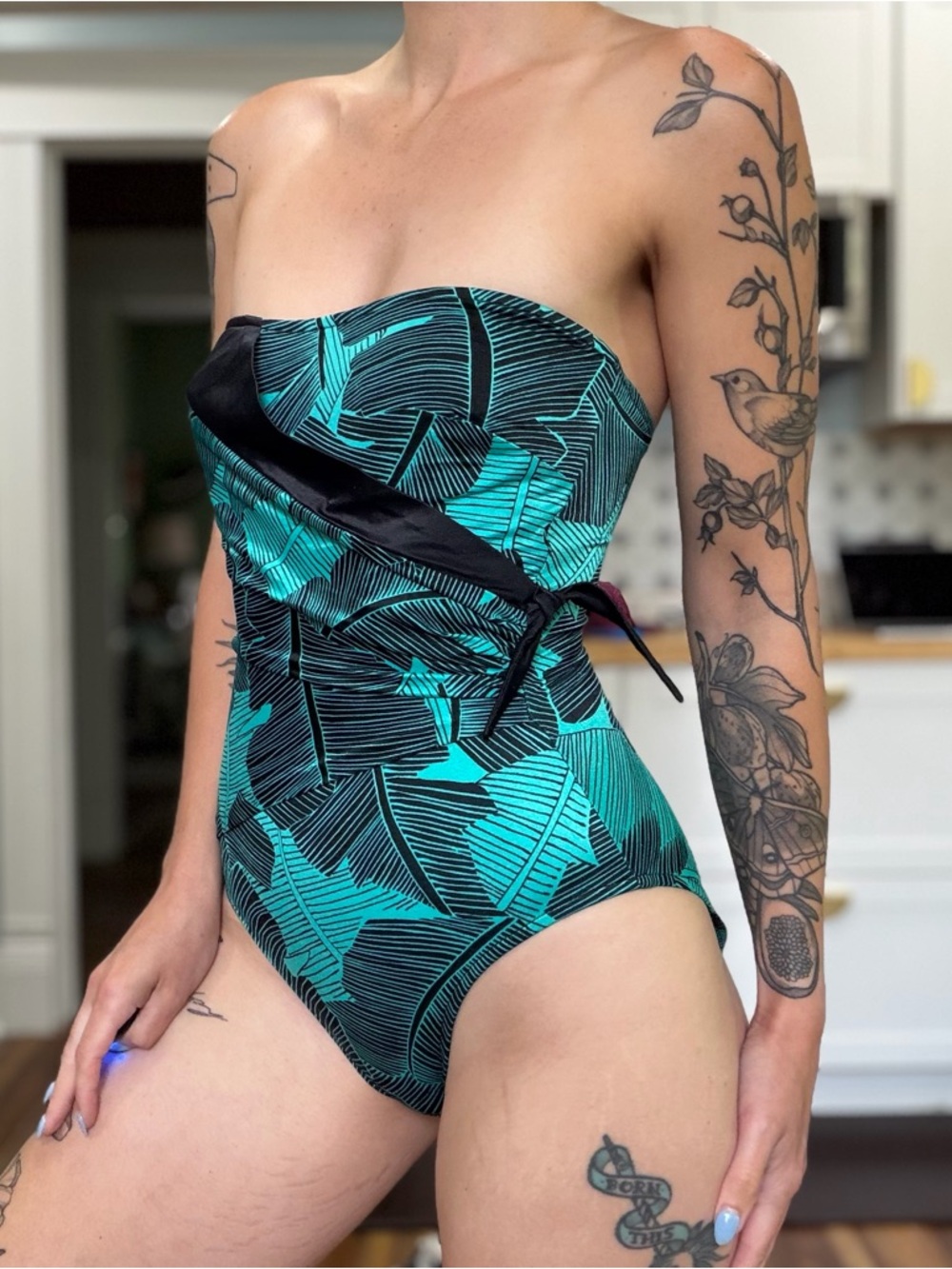 Vintage 80s Strapless Wrap Palm Leaf High Cut One Piece Swimsuit